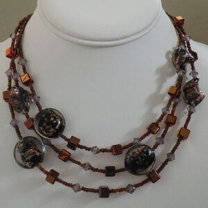 Encased Glass or Lucite Bronze Black Sparkly Bead & Squares Multistrand Necklace